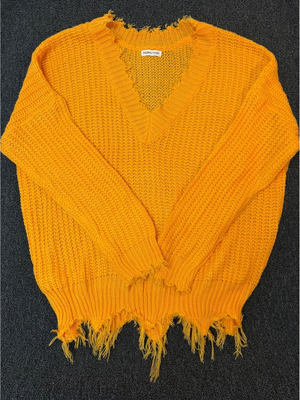Main Strip Mustard Distressed Knit V Neck Sweater Frayed Hem